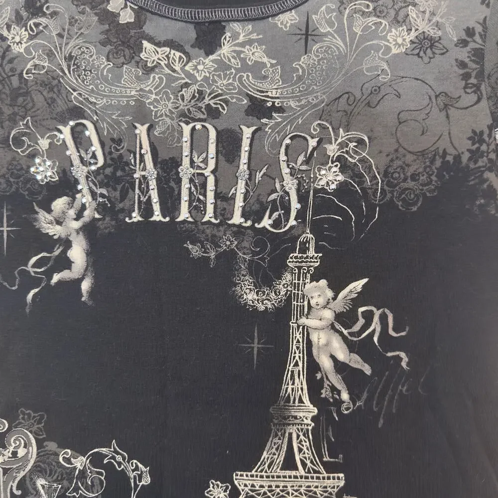 Dressbarn Y2K Women’s Paris Fitted T-Shirt Size L Black Gray Rhinestones Floral - Picture 4 of 7